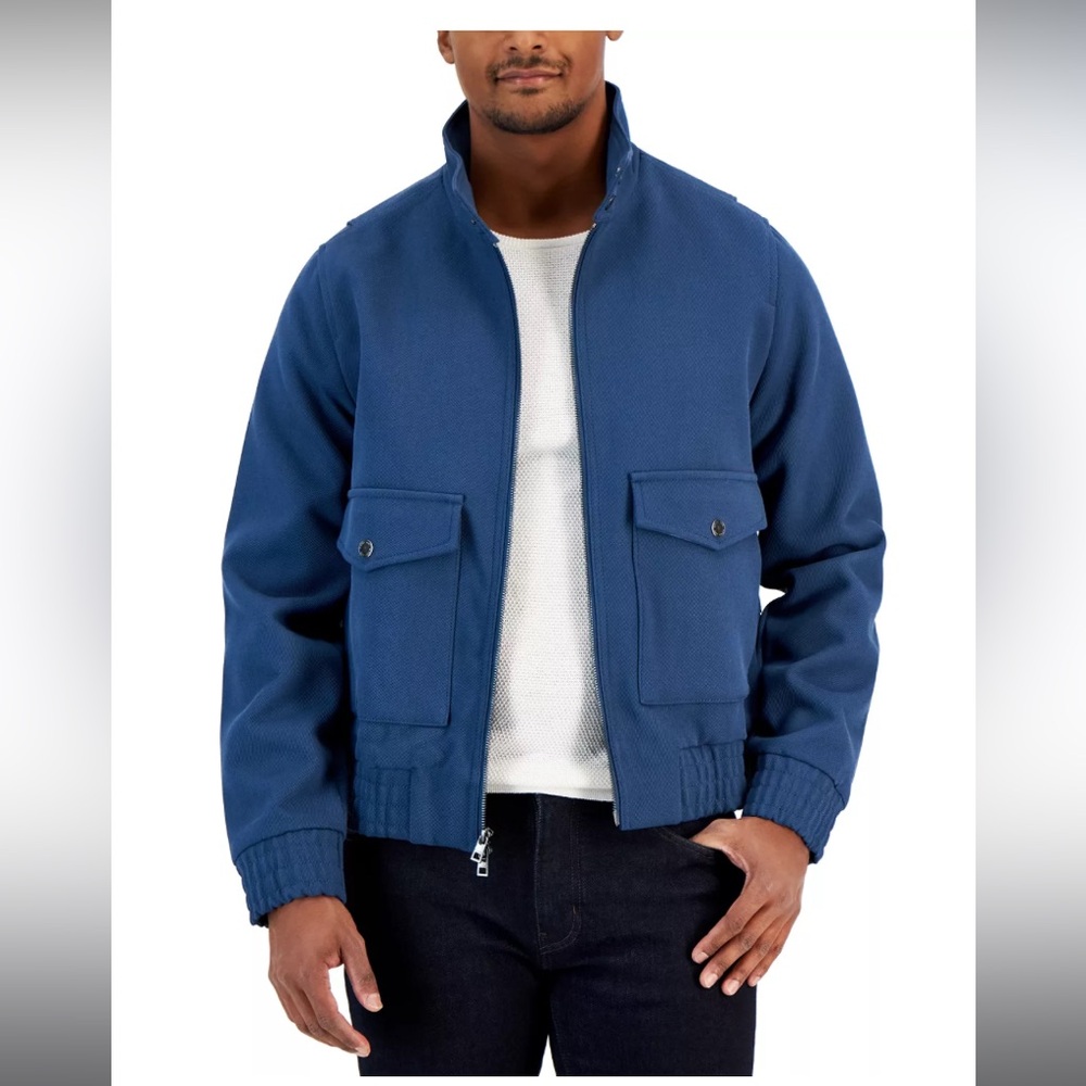 Men's Barracuda Zip-Front Twill Bomber Jacket in blue.